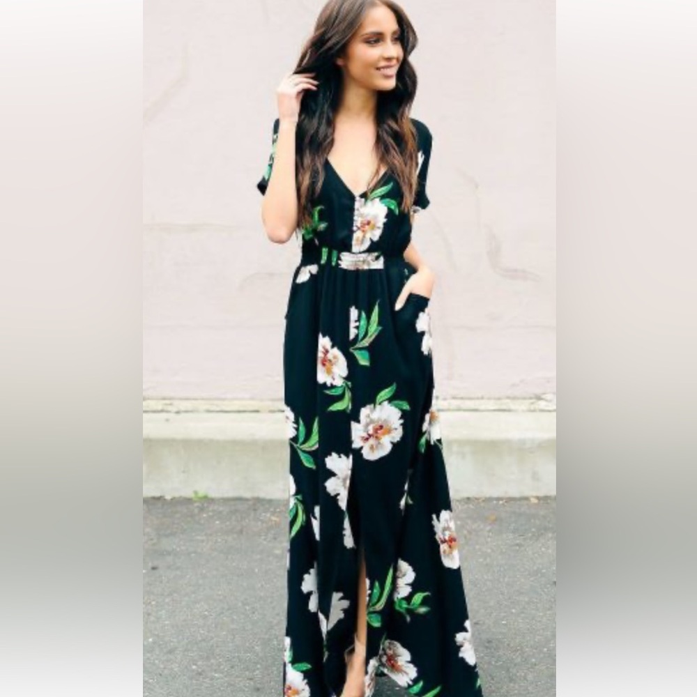 Lovestitich black floral maxi dress